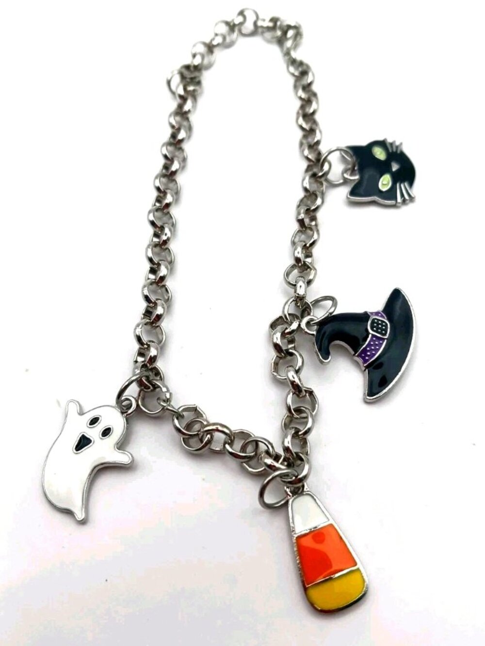 Halloween Black Cat, Ghost,Witches Hat,Candy Corn Metal Charm Bracelet 9 Inches